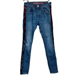 Smuggler's Moon 32 X‎ 32 Skinny Sequins Distressed Flex Denim Button Fly Jeans